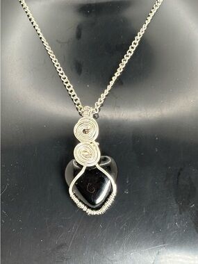 Black Tourmaline Heart Necklace • Hand Wire Wrapped Spiral Design 12 inch chain